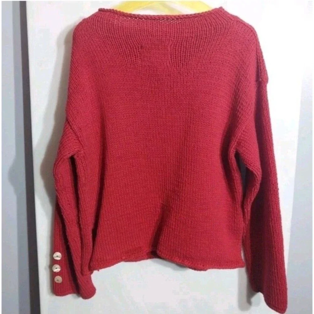 Vintage Pure Handknit Sweater M/L Red Cotton Shell Button Boho Art Knit